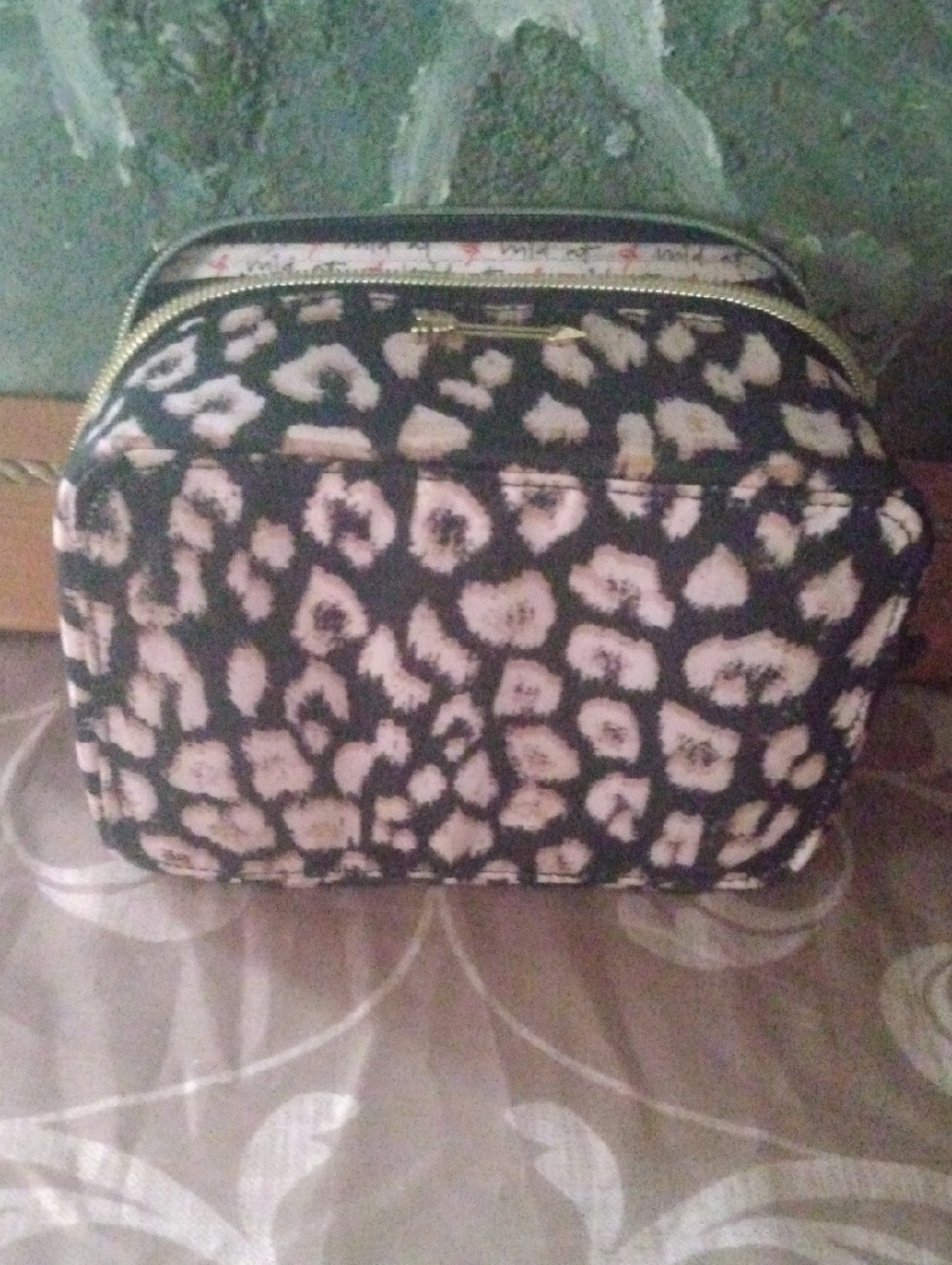 Stella & Dot Leopard Print Cosmetic Bag in Pink and Black